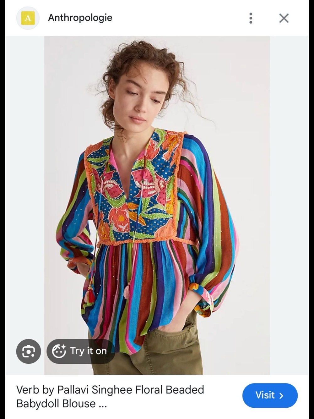 Anthropologie Multicolor Floral Beaded Babydoll Blouse